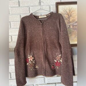 Penmans zip-up cardigan sweater vintage granny style size large with embroidery